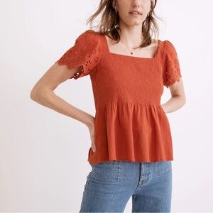 Madewell Eyelet Sleeve Lucie Square Neck Smocked Short Sleeve Top - Womens Small